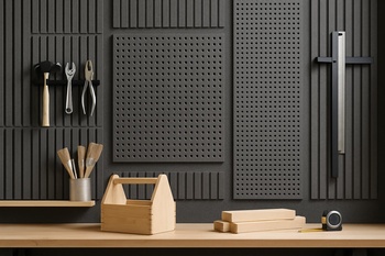 Atölye duvarında asılı renkli akustik paneller