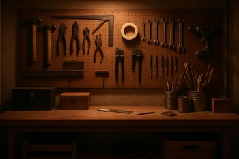 Arka duvar boyunca uzanan yumuşak LED ışık şeridiyle aydınlatılmış atölye