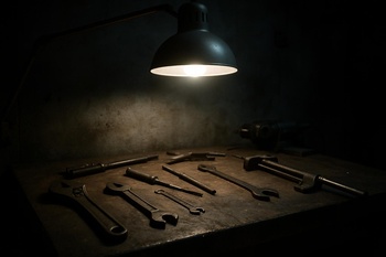 Atölye masasının üzerinde duran geniş açılı çalışma lambası