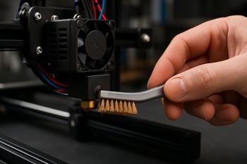 Nozzle temizliği yapan el ve yanında duran küçük bakım fırçası