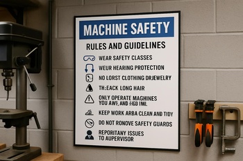 Atölye duvarına asılmış, makine kullanımı kurallarını anlatan poster