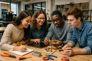Kulüp atölyesinde aynı masa etrafında çalışan öğrenciler ve makineler