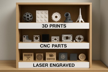 Duvar rafında sergilenen 3D baskı ve lazer gravür numune parçaları
