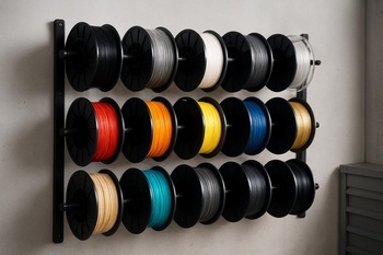 Duvara monte edilmiş raflarda sıralanmış renkli filament makaraları