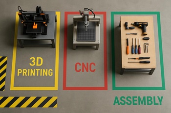 Ev, kulüp laboratuvarı ve küçük işletme için üç farklı atölye zonunu gösteren şematik plan