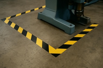 Atölye zemininde renkli bantlarla çizilmiş güvenlik ve geçiş şeritleri