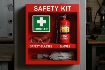 Kulaklık, gözlük ve eldivenden oluşan basit güvenlik ekipmanı seti